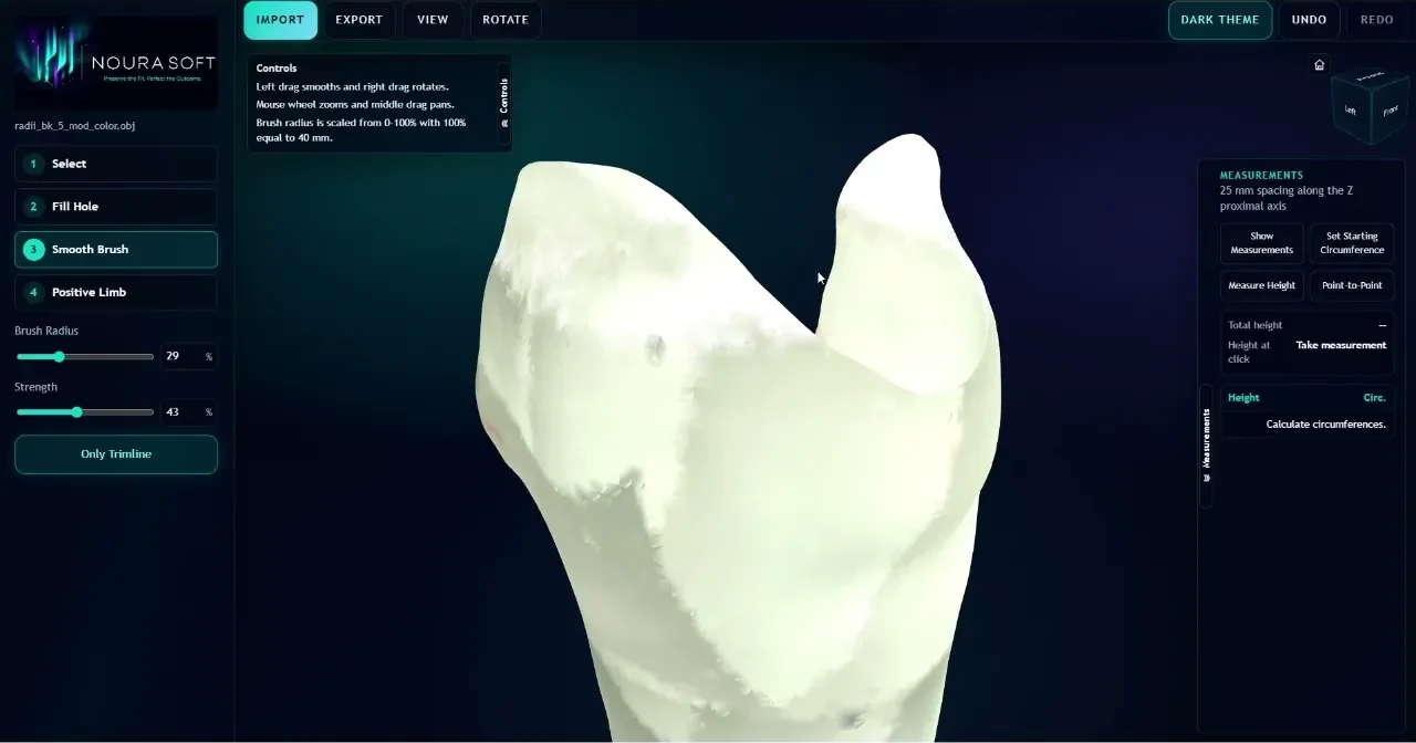 NouraSoft interface showing the Smooth Brush tool applied to a scanned limb model